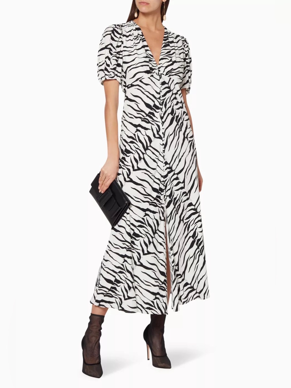 Rixo London Tonya V Neck Tiger Printed Crepe Midi Dress Black White Size XS